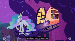 Size: 632x350 | Tagged: source needed, safe, screencap, princess celestia, twilight sparkle, g4, cool, female, golden oaks library, meme, night, youtube caption