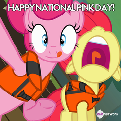 Size: 550x552 | Tagged: safe, apple bloom, pinkie pie, g4, official, pinkie apple pie, hub logo, national pink day, selfie, the hub, tongue out