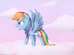 Size: 2300x1700 | Tagged: safe, artist:meotashie, rainbow dash, g4, cloud, cloudy, female, grin, solo, spread wings