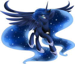 Size: 1800x1543 | Tagged: safe, artist:blackfreya, princess luna, alicorn, pony, g4, blue eyes, crown, ethereal mane, female, hoof shoes, horn, jewelry, looking up, open mouth, regalia, simple background, solo, spread wings, transparent background, wings