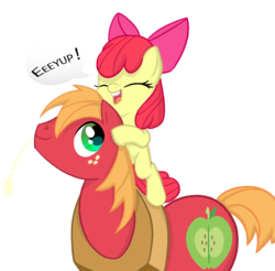 Size: 902x886 | Tagged: safe, artist:88ms-allie88, artist:abronyaccount, apple bloom, big macintosh, earth pony, pony, g4, adorabloom, apple bloom riding big macintosh, brother and sister, cute, duo, equestria's best big brother, female, macabetes, male, ponies riding ponies, riding, simple background, speech bubble, stallion, transparent background