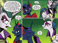 Size: 478x356 | Tagged: safe, princess celestia, princess luna, alicorn, pony, g4, idw, reflections, spoiler:comic, spoiler:comic20, chin stroke, dialogue, evil celestia, evil counterpart, evil luna, evil sisters, eyes closed, fake smile, gritted teeth, imminent betrayal, lidded eyes, mirror universe, open mouth, preview, smiling