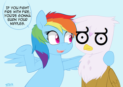 Size: 1050x743 | Tagged: safe, artist:higglytownhero, edit, gilda, rainbow dash, griffon, g4, advice, cr1tikal, frown, look of disapproval, open mouth, smiling, speech bubble, spread wings, underhoof, wat