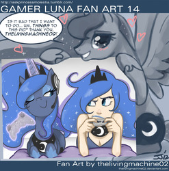 Size: 1280x1296 | Tagged: safe, artist:johnjoseco, artist:thelivingmachine02, princess luna, human, pony, ask princess molestia, gamer luna, g4, blushing, gamer luna fan art, heart, human ponidox, humanized