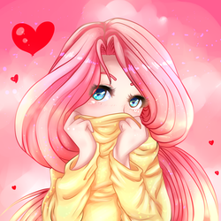 Size: 2000x2000 | Tagged: safe, artist:brizeydablackpanther, fluttershy, human, g4, clothes, female, heart, high res, humanized, shy, solo, sweater, sweatershy