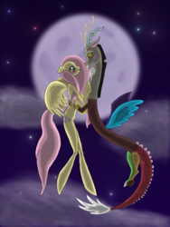 Size: 1920x2560 | Tagged: safe, artist:kell95, discord, fluttershy, semi-anthro, g4, female, flying, male, moon, ship:discoshy, shipping, straight