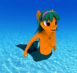 Size: 614x583 | Tagged: safe, artist:sparkyfox, oc, oc only, mermaid, merpony, anthro, 3d, anthro oc, barbie doll anatomy, breasts, cg, featureless breasts, female, ocean, solo, swimming, underwater, water