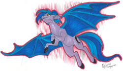 Size: 4095x2363 | Tagged: safe, artist:megsyv, oc, oc only, oc:inky, bat pony, pony, female, flying, high res, mare, marker drawing, simple background, solo, traditional art, white background