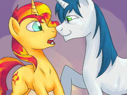 Size: 600x450 | Tagged: safe, artist:zilvtree, sunset shimmer, oc, oc:written delights, pony, unicorn, g4, animated, bedroom eyes, blushing, boop, canon x oc, evowizard, eye contact, nose wrinkle, noseboop, open mouth, raised hoof, shipping, smiling, wide eyes