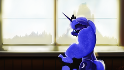 Size: 1920x1080 | Tagged: safe, artist:hierozaki, princess luna, g4, female, looking at you, looking back, sitting, solo, window