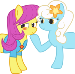 Size: 2332x2301 | Tagged: safe, artist:chris117, pursey pink, serena, earth pony, pony, g4, blushing, duo, duo female, female, high res, lesbian, looking away, mare, ship:purseyrena, shipping, simple background, transparent background, vector