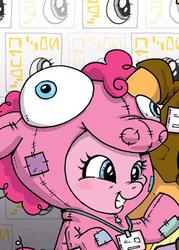 Size: 313x436 | Tagged: safe, artist:katie cook, idw, pinkie pie, earth pony, pony, g4, clothes, comic con, cute, diapinkes, female, grin, katie does it again, pinkie costume, pony costume, san diego comic con, smiling, solo, squee, wip