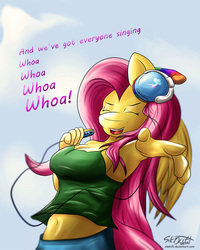 Size: 800x1000 | Tagged: safe, artist:sikdrift, fluttershy, pegasus, anthro, g4, armpits, belly button, clothes, eyes closed, female, headphones, misery business, paramore, solo, song reference, tank top