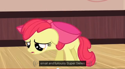 Size: 637x354 | Tagged: safe, screencap, apple bloom, earth pony, pony, g4, my little pony: friendship is magic, one bad apple, female, meme, solo, youtube caption