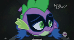 Size: 848x465 | Tagged: safe, screencap, spike, g4, power ponies (episode), hub logo, humdrum costume, male, meme, power ponies, solo, youtube caption