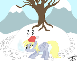 Size: 1000x800 | Tagged: safe, artist:ailynd, derpy hooves, pegasus, pony, g4, cap, female, hat, hoofprints, mare, snow, solo, winnie the pooh
