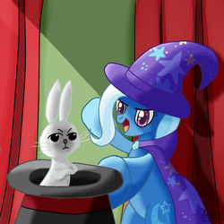 Size: 1000x1000 | Tagged: safe, artist:ailynd, angel bunny, trixie, pony, unicorn, g4, bunny out of the hat, hat, hind legs, magic trick, top hat