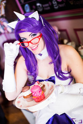 Size: 1867x2800 | Tagged: safe, artist:lucecosplay, rarity, human, g4, choker, clothes, cosplay, cupcake, evening gloves, glasses, irl, irl human, photo, solo