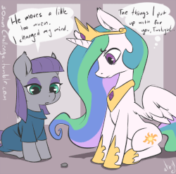 Size: 600x592 | Tagged: safe, artist:atryl, boulder (g4), maud pie, princess celestia, alicorn, earth pony, pony, g4, animated, comic, dialogue, female, frown, sitting, speech bubble, spread wings, thought bubble, watching, younger