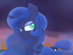 Size: 800x600 | Tagged: safe, artist:twithehedgehog, princess luna, g4, bedroom eyes, cute, digital painting, female, lineless, looking at you, night, portrait, sky, smiling, solo, stars