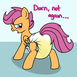 Size: 1500x1500 | Tagged: safe, artist:fillyscoots42, scootaloo, pegasus, pony, g4, crinkleloo, d:, diaper, diaper butt, diaper fetish, diaper usage, diapered, diaperloo, female, fetish, filly, foal, incontinent, non-baby in diaper, open mouth, pissing, poofy diaper, soaked diaper, solo, urine, used diaper, using diaper, wet diaper, wetting diaper