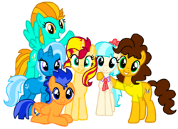 Size: 911x660 | Tagged: safe, artist:iceagelover, cheese sandwich, coco pommel, flash sentry, lightning dust, sunset shimmer, trixie, pony, unicorn, g4, alternate mane six, female, group, group photo, hug, male, ship:flashimmer, shipping, simple background, straight