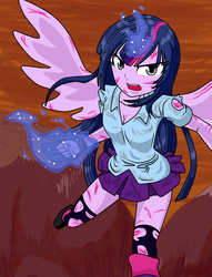 Size: 1912x2500 | Tagged: safe, artist:nekojackun, twilight sparkle, alicorn, equestria girls, g4, clothes, dying will flame, epic, female, hitman reborn, hyper dying will mode, injured, long hair, magic, mountain, open mouth, ponied up, skirt, solo, super saiyan princess, torn clothes, twilight sparkle (alicorn)