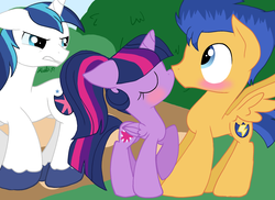 Size: 2200x1600 | Tagged: safe, artist:keira-chann, flash sentry, shining armor, twilight sparkle, alicorn, pegasus, pony, unicorn, g4, alternate hairstyle, blushing, eyes closed, female, first kiss, kissing, looking at someone, male, mare, overprotective, overprotective armor, ponytail, ship:flashlight, shipping, straight, trio, twilight sparkle (alicorn), wingboner
