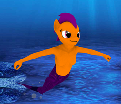 Size: 662x569 | Tagged: safe, artist:sparkyfox, scootaloo, mermaid, merpony, anthro, g4, 3d, barbie doll anatomy, bubble, cg, female, fish tail, ocean, solo, swimming, tail, underwater, water