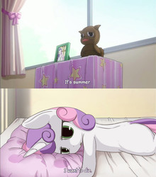 Size: 846x960 | Tagged: safe, artist:mcsadat, rarity, sweetie belle, pony, unicorn, g4, 2 panel comic, a channel, anime, bed, blanket, comic, curtains, depression, dialogue, female, filly, i want to die, lying down, open mouth, parody, pillow, pixiv, prone, solo, subtitles, summer, window