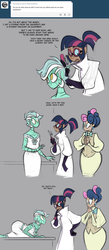 Size: 899x2060 | Tagged: safe, artist:egophiliac, bon bon, lyra heartstrings, sweetie drops, twilight sparkle, human, robot, steamquestria, g4, artificial intelligence, c:, clothes, comic, dress, gloves, gray background, hips, humanized, lab coat, prone, robots doing horse things, role reversal, simple background, smiling, steampunk, surprised, thinking, wide eyes
