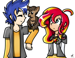 Size: 1400x1100 | Tagged: safe, artist:monnarcha, flash sentry, sunset shimmer, bat, human, g4, female, humanized, male, nervous, phobia, ship:flashimmer, shipping, straight