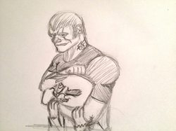 Size: 855x641 | Tagged: safe, artist:failure, gilda, griffon, human, g4, bryan fury, clothes, headlock, monochrome, noogie, shirt, smiling, tattoo, tekken, traditional art, wink