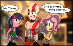 Size: 1800x1152 | Tagged: safe, artist:fj-c, fluttershy, twilight sparkle, equestria girls, g4, belly button, breasts, cleavage, clothes, crossover, engrish, female, god of war, kratos, midriff, tank top
