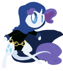 Size: 714x804 | Tagged: safe, artist:angelstar000, rarity, classical unicorn, pony, g4, ask-thecolts, bipedal, clothes, cosplay, costume, crossover, elusive, hood, horn, leonine tail, raven (dc comics), request, rule 63, solo, teen titans