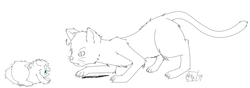 Size: 1494x526 | Tagged: safe, artist:tenmeters, cat, fluffy pony, fluffy pony foal, monochrome, scared, solo