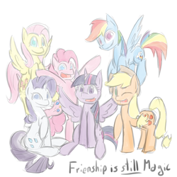 Size: 1024x1024 | Tagged: safe, artist:martinhello, applejack, fluttershy, pinkie pie, rainbow dash, rarity, twilight sparkle, alicorn, pony, g4, female, mane six, mare, traditional art, twilight sparkle (alicorn)