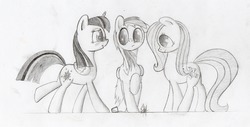 Size: 3148x1602 | Tagged: safe, artist:rapiddash189, fluttershy, rainbow dash, twilight sparkle, alicorn, pony, g4, blushing, female, mare, monochrome, pencil drawing, traditional art, twilight sparkle (alicorn)