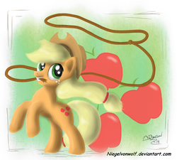 Size: 2000x1800 | Tagged: safe, artist:niegelvonwolf, applejack, g4, female, lasso, mouth hold, rearing, solo