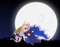 Size: 6000x4700 | Tagged: safe, artist:magister39, fluttershy, princess luna, bat pony, pony, vampire, vampony, g4, absurd resolution, bat ponified, bedroom eyes, carrying, dancing, eye contact, fangs, female, flutterbat, grin, lesbian, lunabat, moon, mouth hold, night, race swap, raised eyebrow, rose, ship:lunashy, show accurate, sky, smiling, spread wings, tango, vector