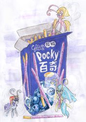 Size: 2663x3770 | Tagged: safe, artist:catseye-view, breezie, chinese, eating, food, high res, pocky, size difference, traditional art, watercolor painting