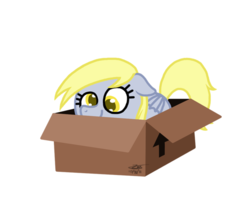 Size: 556x487 | Tagged: safe, artist:zicygomar, derpy hooves, pegasus, pony, g4, box, cute, derpabetes, female, floppy ears, folded wings, mare, pony in a box, signature, simple background, smiling, solo, white background, wings