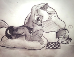 Size: 1280x982 | Tagged: safe, artist:pw211, pipsqueak, princess luna, g4, chess, female, male, monochrome, ship:lunapip, shipping, straight, traditional art