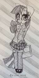 Size: 641x1280 | Tagged: safe, artist:wonderwaifu, twilight sparkle, g4, clothes, female, grayscale, lined paper, monochrome, school uniform, schoolgirl, solo, traditional art