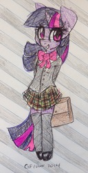 Size: 655x1280 | Tagged: safe, artist:wonderwaifu, twilight sparkle, g4, clothes, female, lined paper, school uniform, schoolgirl, solo, traditional art