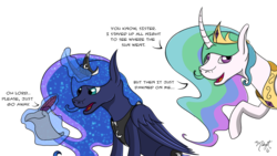 Size: 1280x720 | Tagged: safe, artist:midnightsix3, princess celestia, princess luna, lunadoodle, g4, magic, pun, quill, simple background, telekinesis