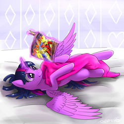 Size: 3543x3543 | Tagged: safe, artist:seer45, flash sentry, twilight sparkle, alicorn, pony, g4, blanket, comic book, female, high res, magic, male, mare, on back, ship:flashlight, shipping, straight, the flash, twilight sparkle (alicorn)