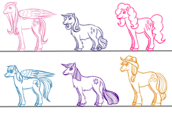 Size: 1100x800 | Tagged: safe, artist:kiotsukatanna, applejack, fluttershy, pinkie pie, rainbow dash, rarity, twilight sparkle, classical unicorn, g4, headcanon, horn, leonine tail, mane six