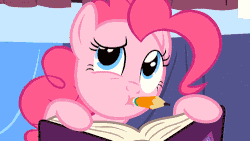Size: 500x281 | Tagged: safe, screencap, pinkie pie, earth pony, pony, g4, pinkie pride, season 4, animated, animated screencap, book, cute, diapinkes, diary, female, gif, mare, mouth hold, pencil, solo, thinking
