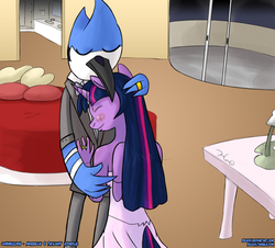 Size: 2148x1946 | Tagged: safe, artist:reashi, twilight sparkle, anthro, g4, crossover, crossover shipping, duo, eyes closed, female, hug, male, mordecai, mordetwi, regular show, shipping, straight, twilight sparkle (alicorn)